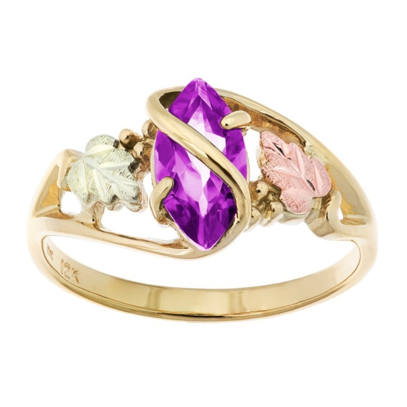 Ave 369 Amethyst Marquise Petite Leaf Ring, 10k Yellow Gold, 12k Green and Rose Gold Black Hills Gold