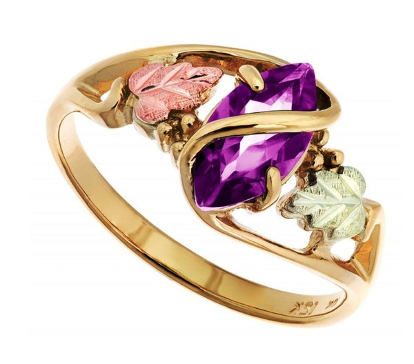 Ave 369 Amethyst Marquise Petite Leaf Ring, 10k Yellow Gold, 12k Green and Rose Gold Black Hills Gold