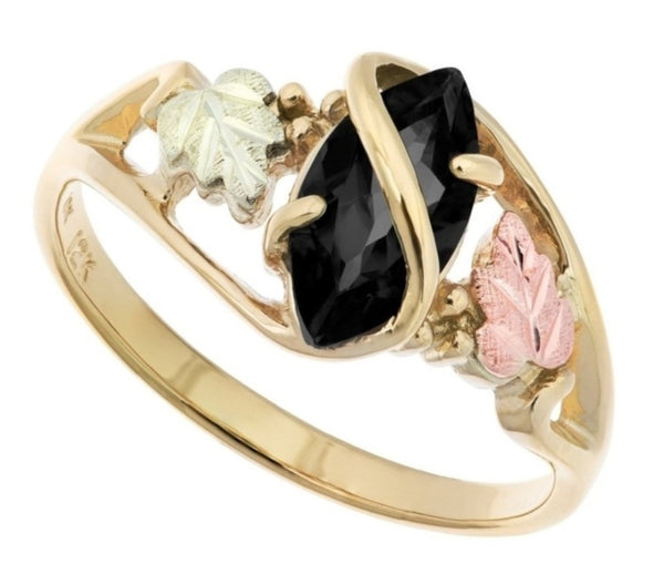 AVE 369 10k Yellow Gold .90 Ct Faceted Onyx Marquise Ring with 12k Green and Rose Gold