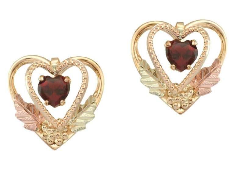 Ave 369 Garnet Heart January Birthstone Stud Earrings, 10k Yellow Gold, 12k Rose and Green Gold Black Hills Gold