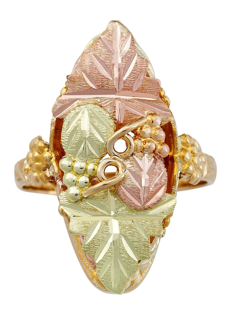 Ave 369 10k Yellow Gold Frosty Leaves Pointer Ring, 12k Rose and Green Black Hills Gold