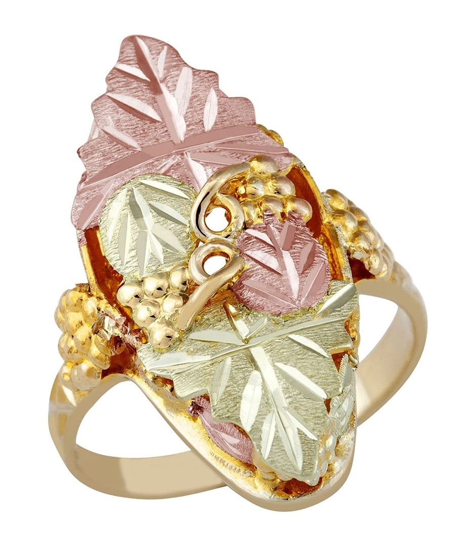 Ave 369 10k Yellow Gold Frosty Leaves Pointer Ring, 12k Rose and Green Black Hills Gold