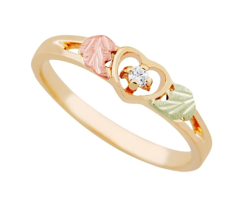 Ave 369 Round CZ Heart Ring, 10k Yellow Gold, 12k Green and Rose Gold Black Hills Gold