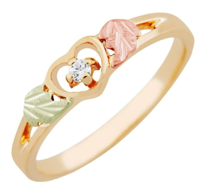 Ave 369 Round CZ Heart Ring, 10k Yellow Gold, 12k Green and Rose Gold Black Hills Gold