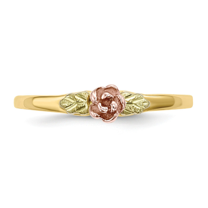 Ave 369 Blooms Rose Flower Petite Ring, 10k Yellow Gold, 12k Green and Rose Gold Black Hills Gold Motif