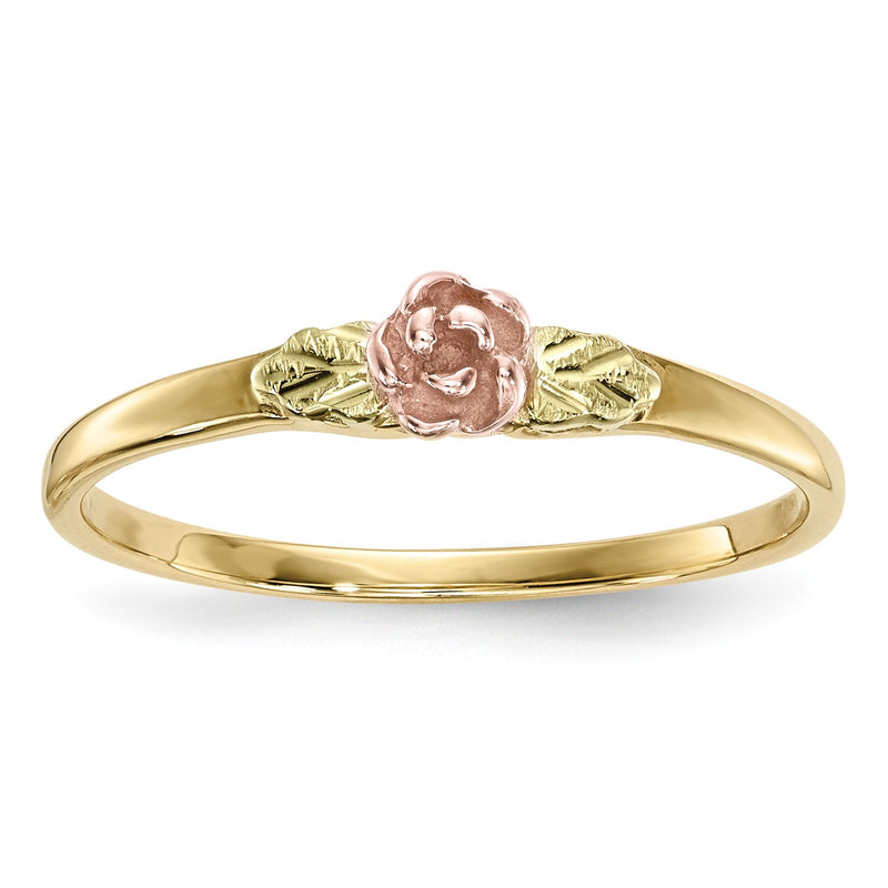 Ave 369 Blooms Rose Flower Petite Ring, 10k Yellow Gold, 12k Green and Rose Gold Black Hills Gold Motif