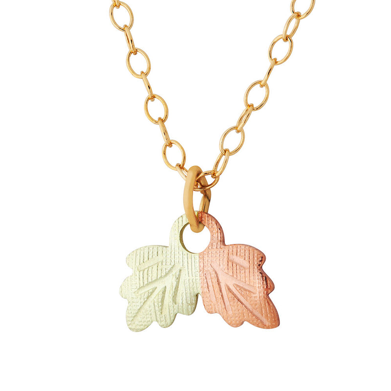 Ave 369 Double Leaf Pendant Necklace, 10k Yellow Gold, 12k Green and Rose Gold Black Hills Gold Motif, 18"