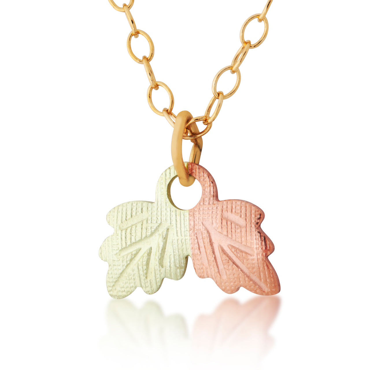 Ave 369 Double Leaf Pendant Necklace, 10k Yellow Gold, 12k Green and Rose Gold Black Hills Gold Motif, 18"