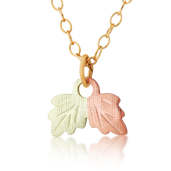 Ave 369 Double Leaf Pendant Necklace, 10k Yellow Gold, 12k Green and Rose Gold Black Hills Gold Motif, 18"