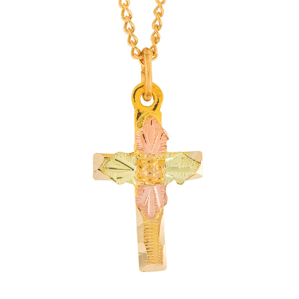 Ave 369 Cross Pendant Necklace, 10k Yellow Gold, 12k Green and Rose Gold Black Hills Gold Motif, 18"