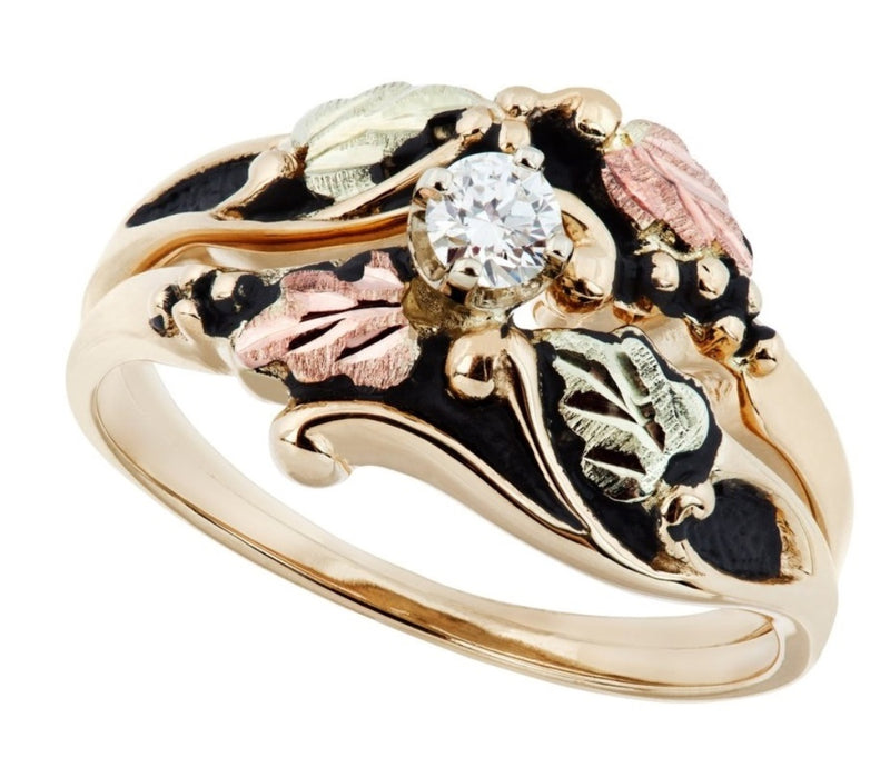 Ave 369 Antiqued Diamond Engagement Wedding Ring Set, 10k Yellow Gold, 12k Green and Rose Gold Black Hills Gold Motif (.17 Ct)