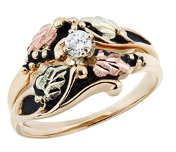 Ave 369 Antiqued Diamond Engagement Wedding Ring Set, 10k Yellow Gold, 12k Green and Rose Gold Black Hills Gold Motif (.17 Ct)