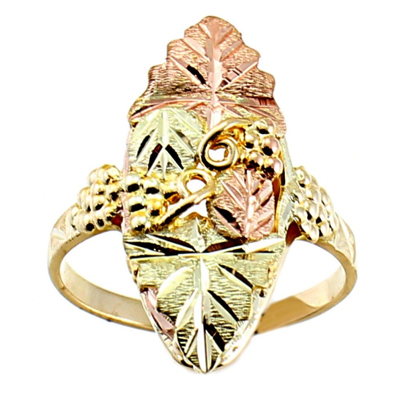 Ave 369 10k Yellow Gold Frosty Leaves Pointer Ring, 12k Rose and Green Black Hills Gold