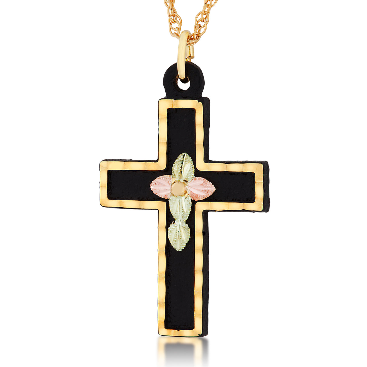 Ave 369 Black Powder Coat Trim Cross Pendant Necklace, 10k Yellow Gold, 12k Green and Rose Gold Black Hills Gold Motif, 18"