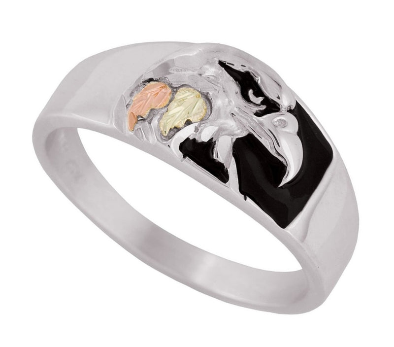 Ave 369 Antiqued Eagle Head Ring, Sterling Silver, 12k Green and Rose Gold Black Hills Gold Motif