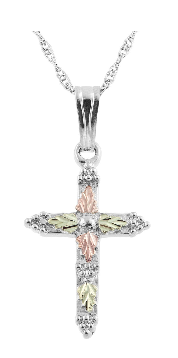 Ave 369 Arrow Edge Cross Pendant Necklace, Sterling Silver, 12k Green and Rose Gold Black Hills Gold Motif, 18"