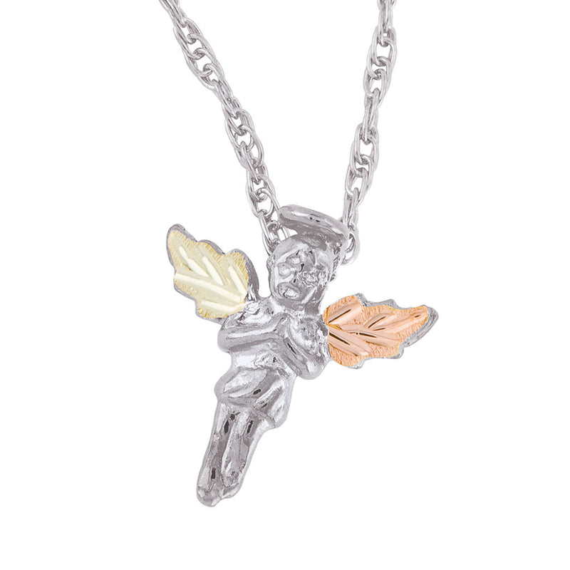 Ave 369 Angel Pendant Necklace, Sterling Silver, 12k Green and Rose Gold Black Hills Gold Motif, 18"