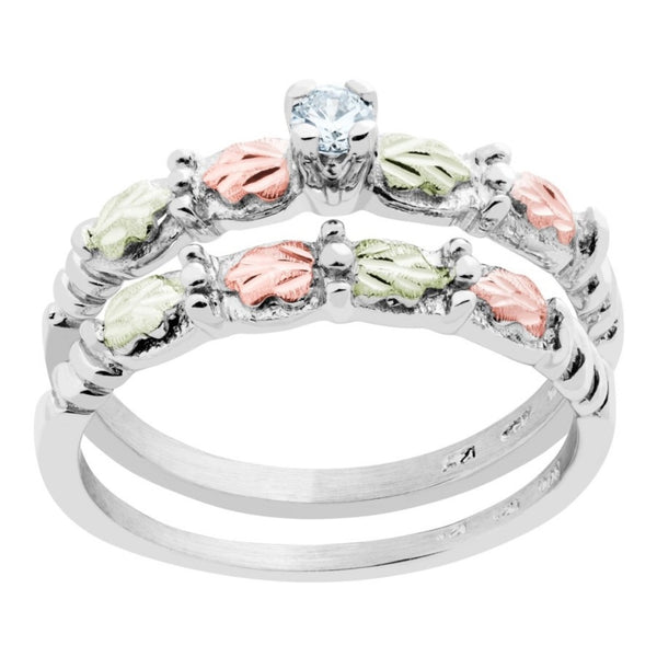 Ave 369 CZ Wedding and Engagement Ring Set, Sterling Silver, 12k Green and Rose Gold Black Hills Gold Motif