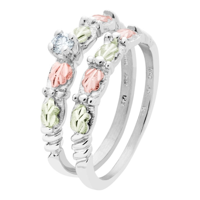 Ave 369 CZ Wedding and Engagement Ring Set, Sterling Silver, 12k Green and Rose Gold Black Hills Gold Motif