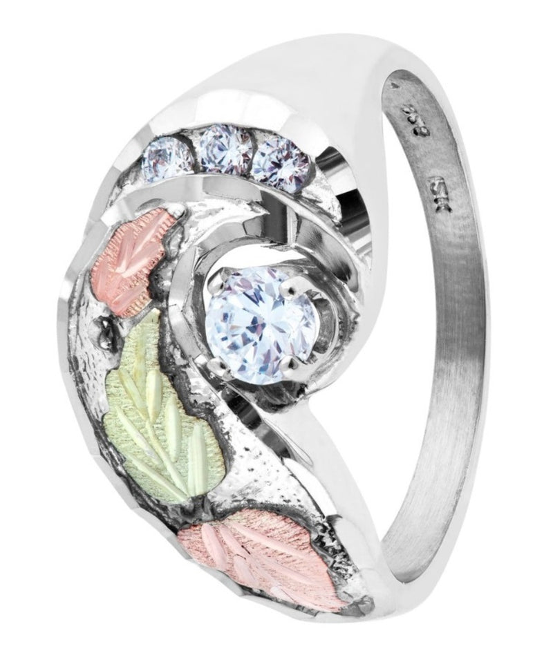 Ave 369 4-Stone CZ Ring, Sterling Silver, 12k Green and Rose Gold Black Hills Gold Motif