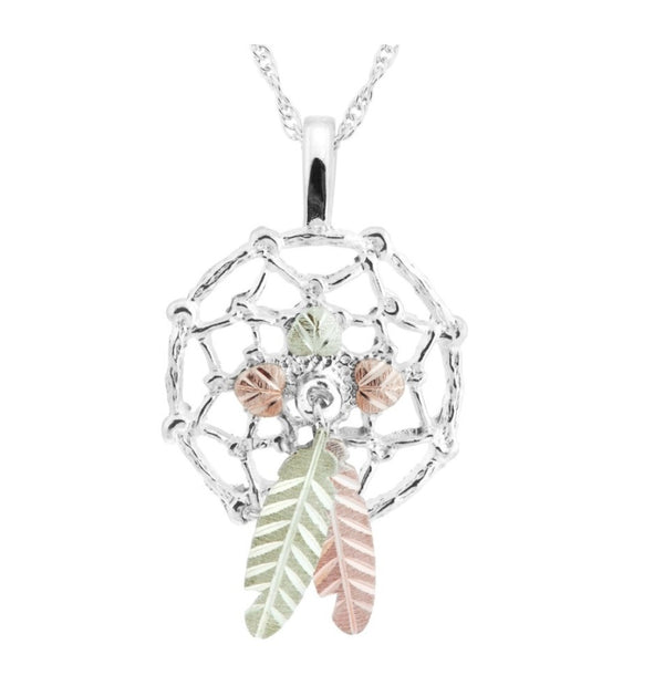Ave 369 Dream Catcher Feather Pendant Necklace, Sterling Silver, 12k Green Gold, 12k Rose Gold Black Hills Gold, 18''