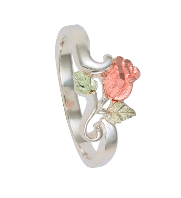 Ave 369 Petite Rose Bypass Ring, Sterling Silver, 12k Green and Rose Gold Black Hills Gold Motif