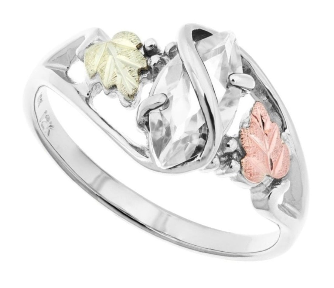 Ave 369 CZ Marquise Ring, Sterling Silver, 12k Green and Rose Gold Black Hills Gold Motif