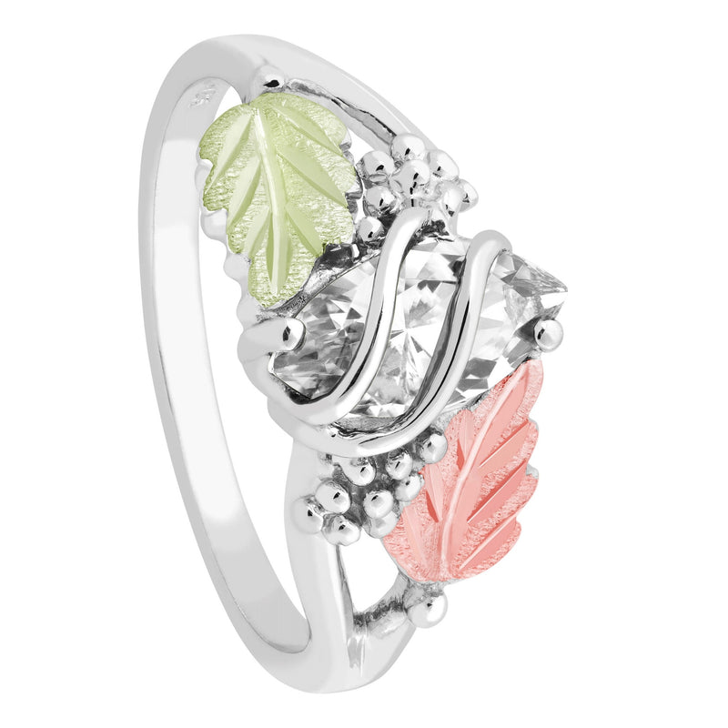 Ave 369 Marquise Synthetic White Spinel April Birthstone Wrap Ring, Sterling Silver, 12k Green and Rose Black Hills Gold