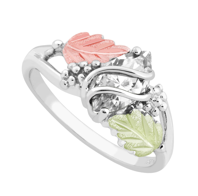 Ave 369 Marquise Synthetic White Spinel April Birthstone Wrap Ring, Sterling Silver, 12k Green and Rose Black Hills Gold