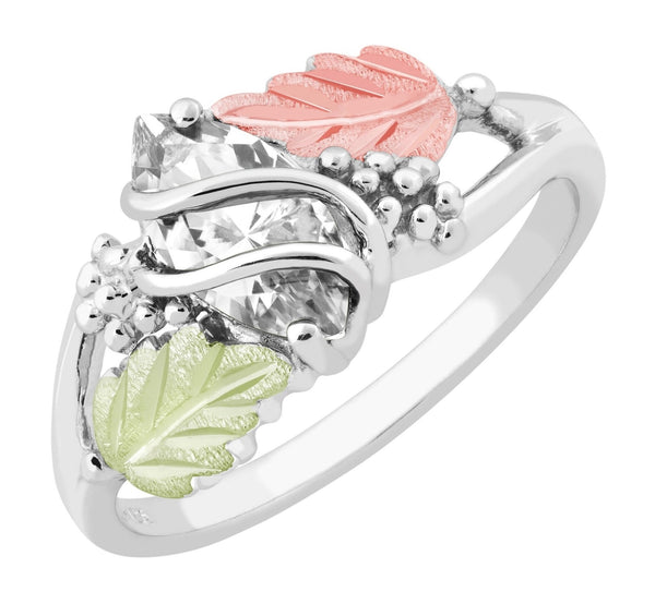 Ave 369 Marquise Synthetic White Spinel April Birthstone Wrap Ring, Sterling Silver, 12k Green and Rose Black Hills Gold