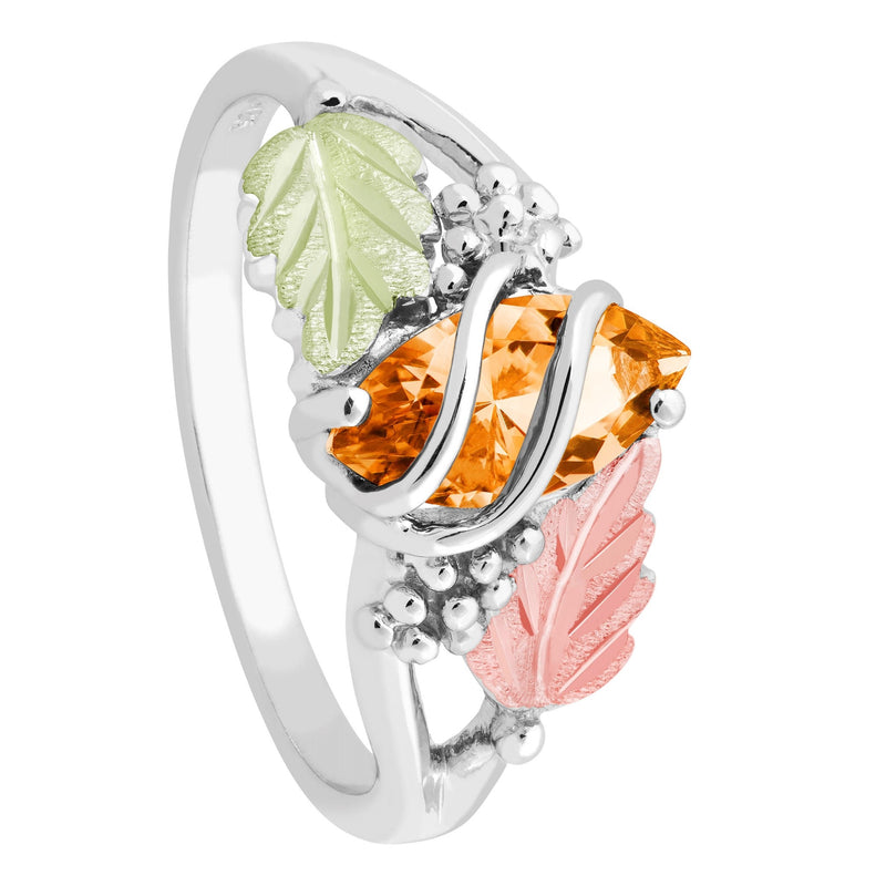 Ave 369 Created Gold Topaz Marquise November Birthstone Ring, Sterling Silver, 12k Green and Rose Gold Black Hills Gold Motif
