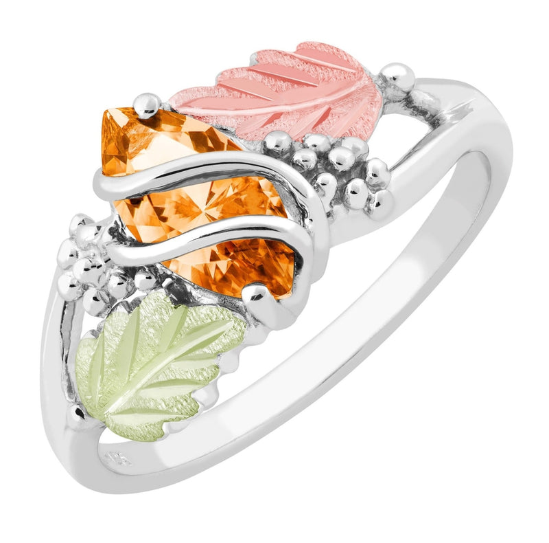 Ave 369 Created Gold Topaz Marquise November Birthstone Ring, Sterling Silver, 12k Green and Rose Gold Black Hills Gold Motif