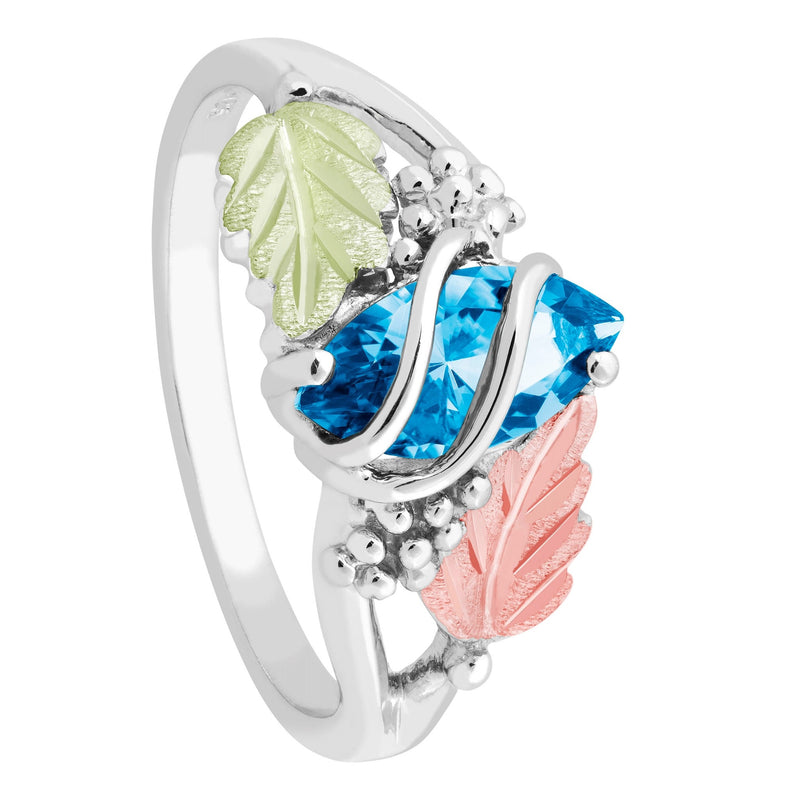 Ave 369 Created Blue Zircon Marquise December Birthstone Ring, Sterling Silver, 12k Green and Rose Gold Black Hills Gold Motif