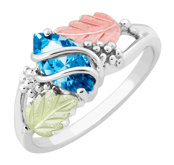 Ave 369 Created Blue Zircon Marquise December Birthstone Ring, Sterling Silver, 12k Green and Rose Gold Black Hills Gold Motif