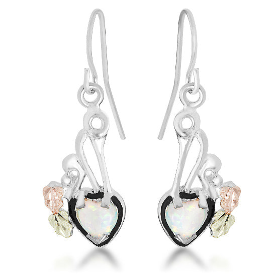 Ave 369 Created Opal Heart Antique Earrings, Sterling Silver, 12k Green Gold and Rose Gold Black Hills Gold Motif