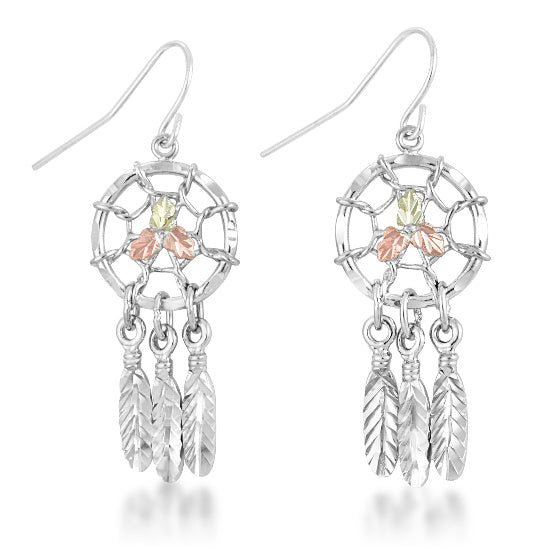 Ave 369 Dream Catcher Earrings, Sterling Silver, 12k Green and Rose Gold Black Hills Gold Motif