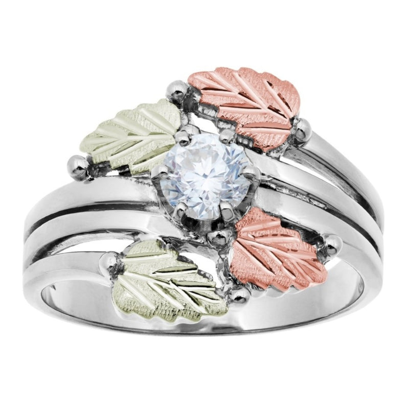 Ave 369 Cubic Zirconia and Leaves Bypass Ring, Sterling Silver, Sterling Silver, 12k Green and Rose Gold Black Hills Gold Motif