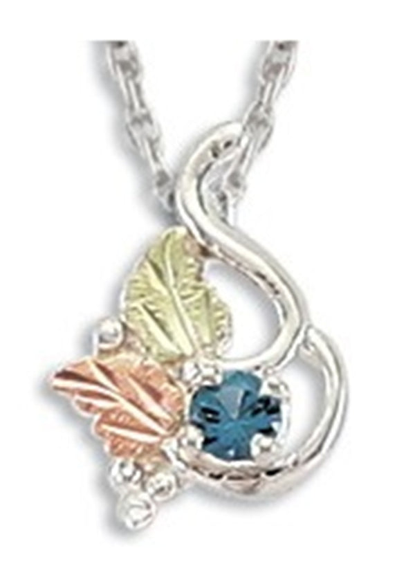 Ave 369 Created Blue Zircon December Birthstone Pendant Necklace, Sterling Silver, 12k Green and Rose Gold Black Hills Gold Motif, 18"