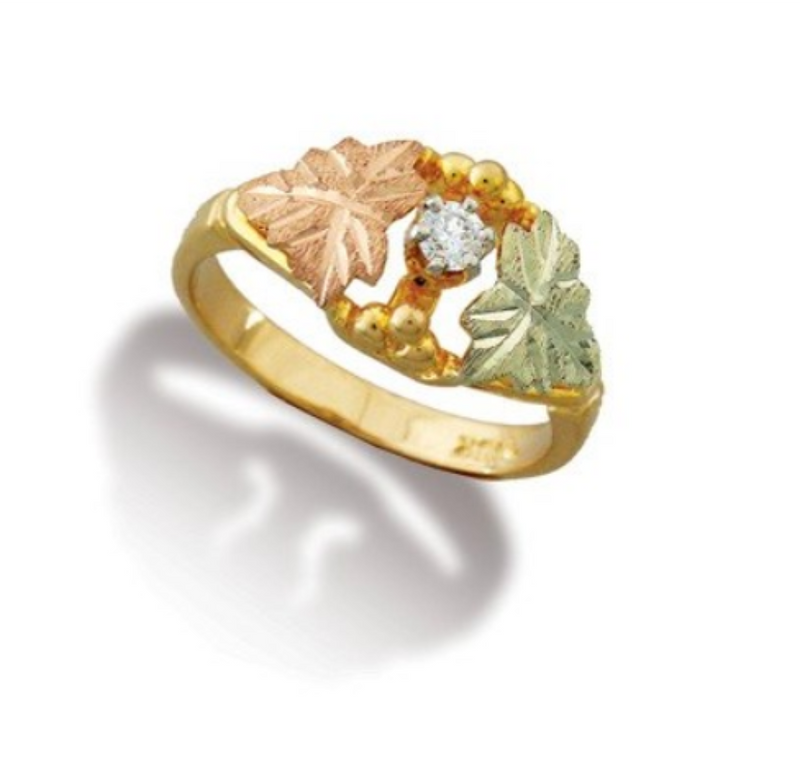 10k Yellow Gold Diamond Black Hill Gold Leaf Ring, 12k Green and Rose Gold