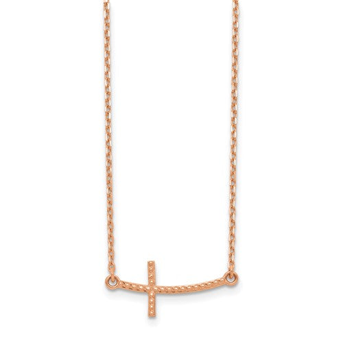 Ave 369 14k Rose Gold Sideways Curved Textured Cross Necklace, 19"