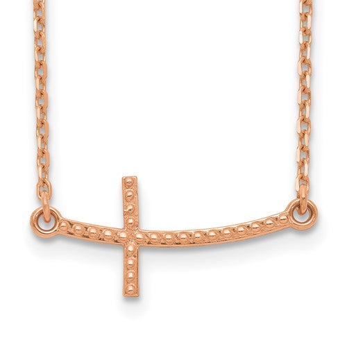 Ave 369 14k Rose Gold Sideways Curved Textured Cross Necklace, 19"