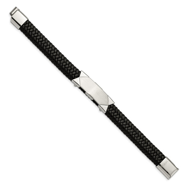 Ave 369 Men's Black Braided Leather, Brushed Stainless Steel Accents ID Bracelet, 8.5 Inches
