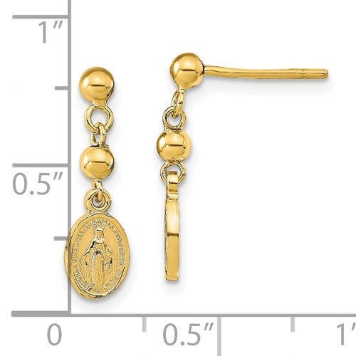 Ave 3699 14k Yellow Gold Miraculous Medal Dangle Post Earrings (13X5.5MM)