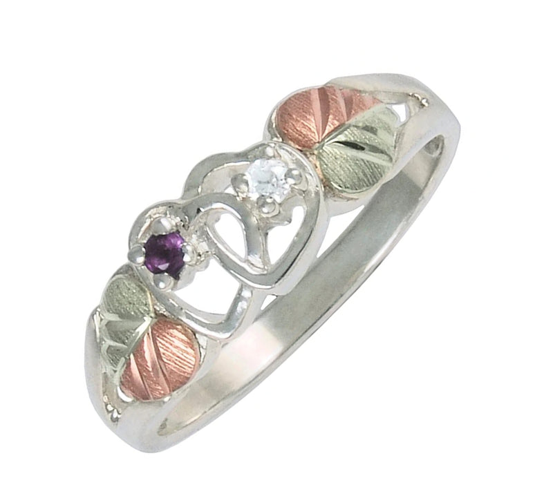 Rhodium-Plated Sterling Silver Amethyst and Diamond Double Hearts Ring in Black Hills Gold