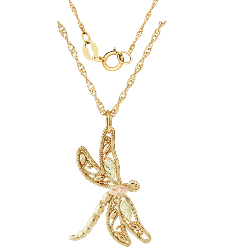 Ave 369 Filigree Dragonfly Pendant, 10k Yellow Gold, 12k Rose and Green Black Hills Gold 18 Inches