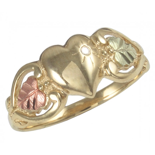 Ave 369 Diamond Heart Ring, 10k Yellow Gold, 12k Green and Rose Gold Black Hills Gold Motif (.01 Ct)