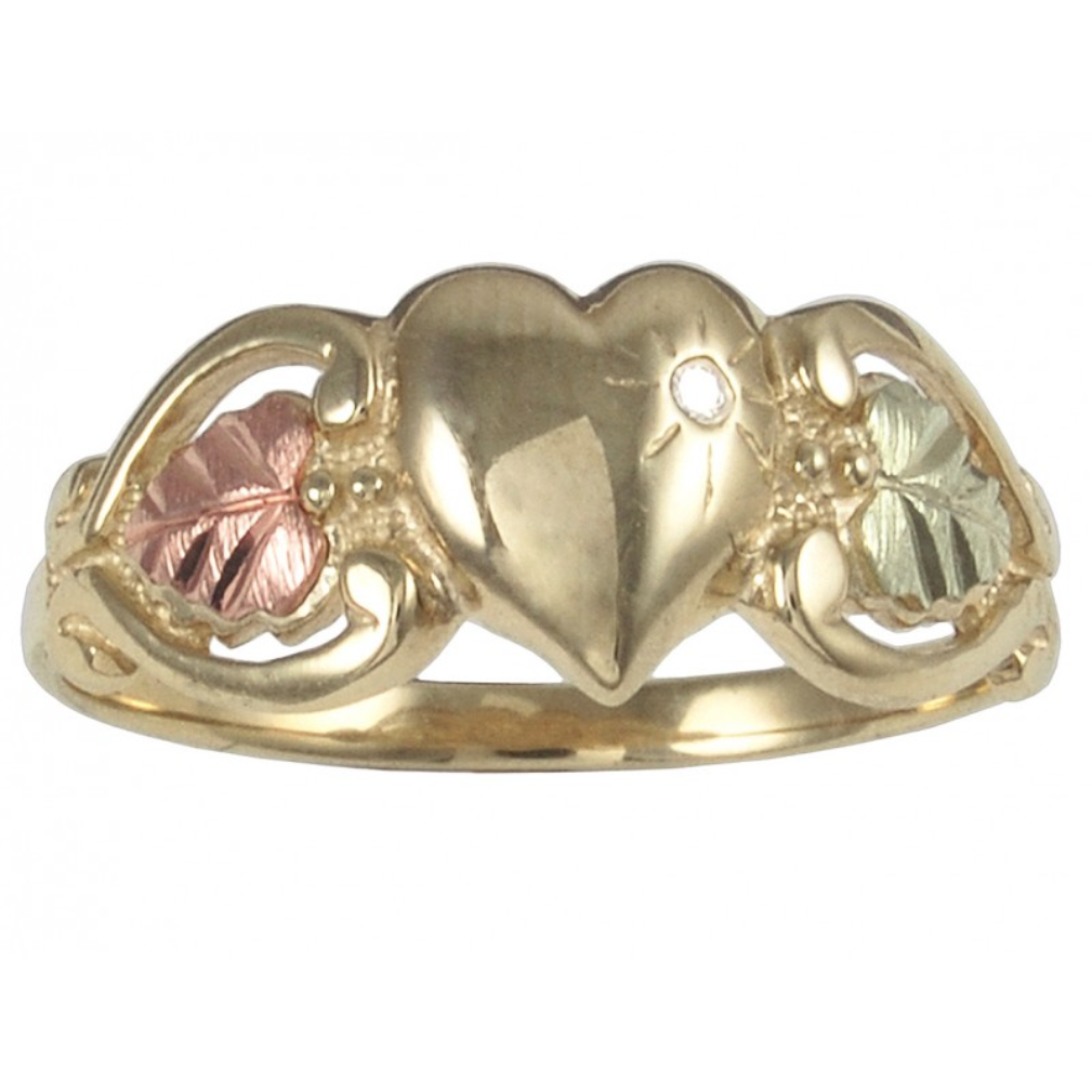 Ave 369 Diamond Heart Ring, 10k Yellow Gold, 12k Green and Rose Gold Black Hills Gold Motif (.01 Ct)