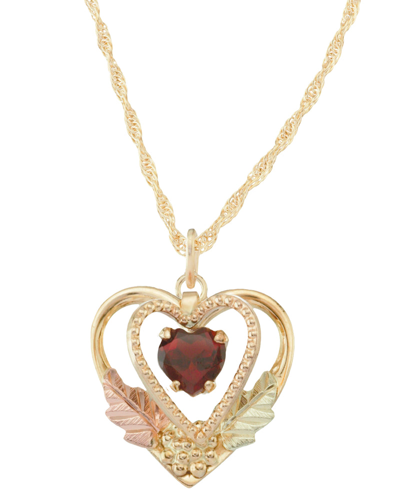 Ave 369 Garnet Heart January Birthstone Pendant Necklace, 10k Yellow Gold, 12k Green Gold, 12k Rose Gold Black Hills Gold, 18"