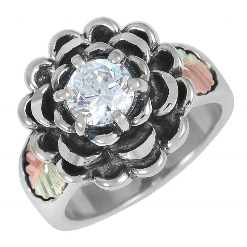 Ave 369 CZ 3D Flower Oxidzed Ring, Sterling Silver, 12k Green and Rose Gold Black Hills Gold Motif