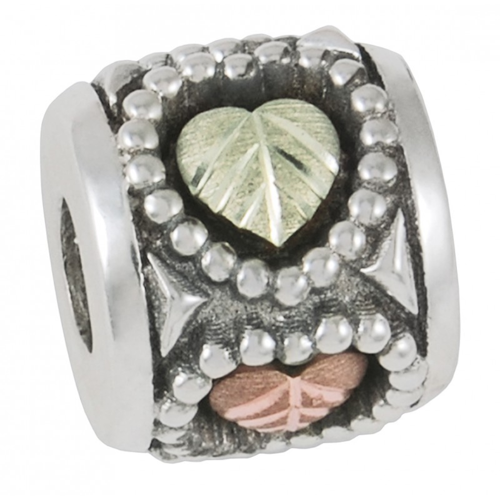 Ave 369 Cylinder Heart Bead Charm, Sterling Silver, 12k Green Gold, 12k Rose Gold Black Hills Gold